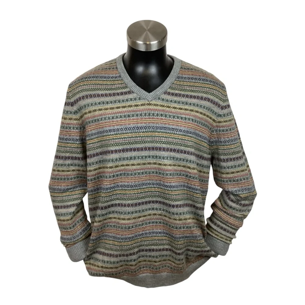 Lands End Nordic Fair Isle Merino Wool V Neck Sweater
